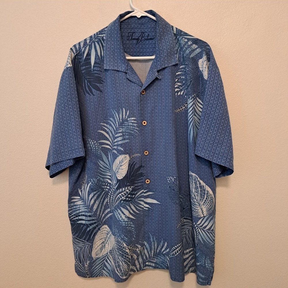 Tommy Bahama Mens XL Blue Silk Palm Leaf Tropical Camp Shirt Short Sleeve